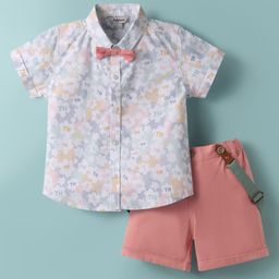 ToffyHouse Poplin Woven Half Sleeves Shirt & Shorts with Suspender & Bow with Floral Print - Pink & White-image-55