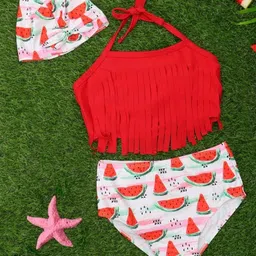 Yellow Bee Sleeveless Watermelon Solid & Water Melon Printed Bikini Swimsuit With Cap - Red-picture-7