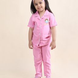 Polka Tots Cotton Woven Half Sleeves Cute Angel Text Printed Night Suit Set - Pink-image-37