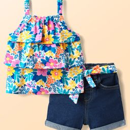 Babyhug Single Jersey Knit Sleeveless Layered Top & Denim Shorts Set with Floral Print & Belt - Navy Blue-image-94