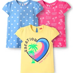 Babyhug 100% Cotton Knit Half Sleeves T-Shirts with Heart & Beach Theme Print Pack of 3 - Yellow Dark Pink & Blue-picture-32