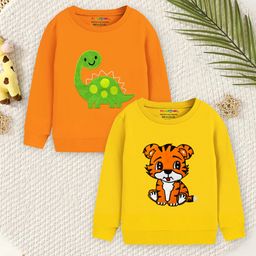 Trampoline Terry Knit Pack Of 2 Full Sleeves Dinosaur & Tiger Patch Embroidered Tees - Yellow & Orange-image-3
