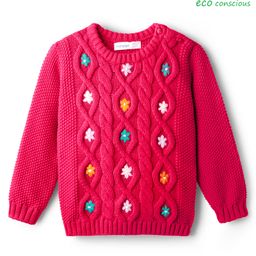 Babyoye Cotton Knit Full Sleeves Pullover Sweater with Cable Knit Design & Floral Embroidery - Dark Pink-picture-12