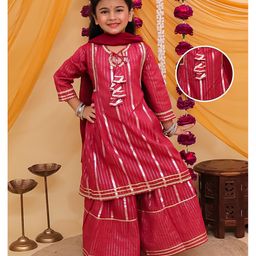 AJ Dezines Cotton Woven Three Fourth Sleeves Gota Lace Embellished & Striped Designed Kurti Sharara With Dupata Set - Maroon-image-74