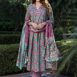 KALINI Floral Printed V-Neck Pure Cotton Anarkali Kurta With Trouser And Dupatta-picture-48