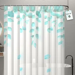 Aura 6-Pcs Green & White Leaf Printed Waterproof ShowerCurtainWithHooks-8