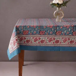 JAYPORE Blue Floral Printed Cotton 4 Seater Table Cover-53