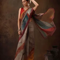 Silk Land Multicolored Printed Saree With Unstitched Blouse image 1