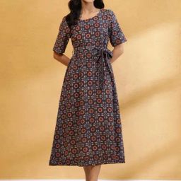 Fabindia Blue Printed Three-Quarter Sleeves Dress-image-81