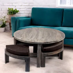 Ikiriya Grey & Brown Round Coffee Table and Stool With Cushion-image-35