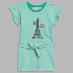 Elle Kids Green & White Cotton Striped Dress-image-30