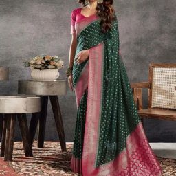 Satrani Green & Rani Pink Woven Saree With Unstitched Blouse-image-65