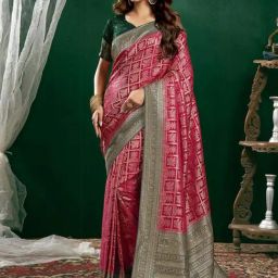Satrani Deep Pink & Green Woven Saree With Unstitched Blouse-image-45