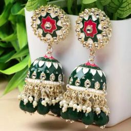 Zeneme Gold Plated Green Enamelled & Green Pearls Floral Jhumki Earrings-29