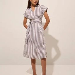 Wardrobe by Westside Beige Striped Cotton A-Line Dress With Belt-image-58