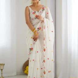 Saree Mall White Georgette Embellished Saree with Blouse Piece-picture-13