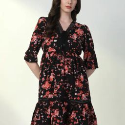 SHOWOFF Black & Red Floral Print A Line Dress-image-81