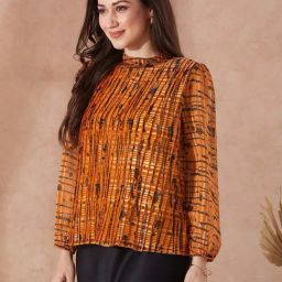 Globus Women Rust Satin Abstract Print High Neck Bishop Sleeves Accordion Pleat Party Top-3