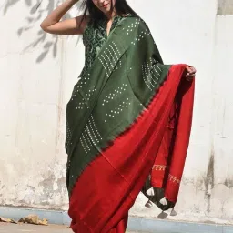 Chidiyaa Red & Green Block Printed Modal Silk Saree image 1