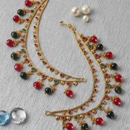 Zeneme Gold Plated Alloy Red & Green Pearl Earrings With Ear Chain-63