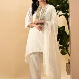 Sangria Embroidered Keyhole Neck Kurta & Palazzos Set With dupatta-picture-14