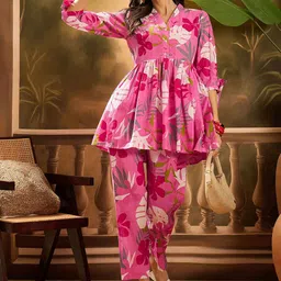 Vastramyaa Floral Printed V-Neck Cotton A-Line Kurti With Trousers-image-37