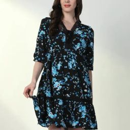 SHOWOFF Black & Blue Floral Print A Line Dress-image-93