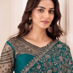 Saree Mall Teal blue Chiffon Embellished Saree with Blouse Piece-image-38