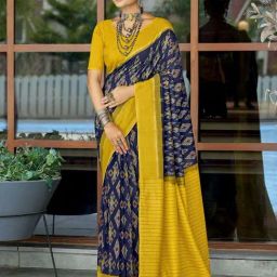 Satrani Navy Blue & Yellow Printed Saree With Unstitched Blouse-image-1