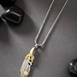 Roadster Men Stainless Steel Silver-Plated Feather Shaped Pendant with Chain-3