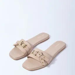 LUNA BLU by Westside Light Beige Buckle-Detailed Slides-picture-30