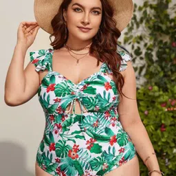 Plus Curvves Tropical Printed Drawstring Cut Out Ruffle Trim Bodysuit-image-27