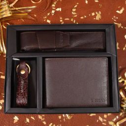 Sassora Brown Small Leather Bi-fold Wallet With Keychain & Pen Case Gift Set (Pack Of 3)-0