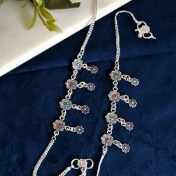 VOJ Silver Plated Flower Shaped Oxidized Anklet Set of 2-28