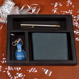 Sassora Blue Small Leather Bi-fold Wallet With Keychain And Pen Gift Set (Pack Of 3)-3