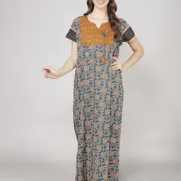 evolove Women Pure Cotton Floral Printed Maxi Nightdress-image-87