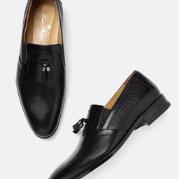 Louis Philippe Men Black Leather Formal Slip-Ons with Tassel & Texture Detail-image-39