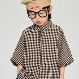 LULU & SKY Boys Oversized Fit Band Collar Gingham Checked Casual Shirt-image-36