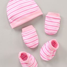 Babyhug 100% Cotton Cap Mittens & Booties Striped Pink - Diameter 17 cm-image-6
