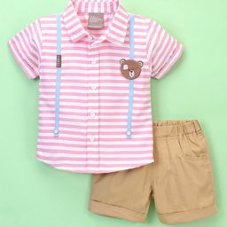 Little Kangaroos Half Sleeves Striped Shirt with Teddy Patch and Twill Shorts - Pink-image-19