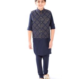 CAVIO Full Sleeves  Solid Kurta Pajama & Geometric Design Sequins Embroidered Jacket Set - Navy Blue-image-2
