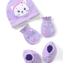 Babyhug 100% Cotton Knit Cap Mittens & Booties Set Kitty Print Purple - Diameter 10.5 cm-image-83