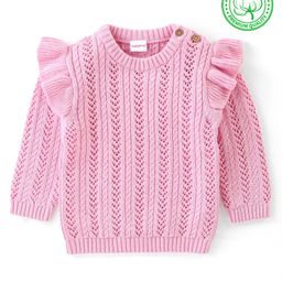 Babyhug Organic Cotton Full Frilled Sleeves Cable Knit Pullover - Light Pink-image-87