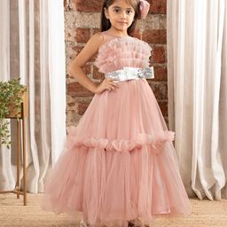 Ministitch Sleeveless Ruffle & Pleats Detailed Sequin Bow Embellished Fit & Flare Gown - Onion Pink-image-34