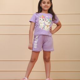 Ninos Dreams Half Sleeves Unicorn  & Dream Text Printed Tee With  Short  Set  - Mauve Purple-image-100