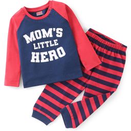 Babyhug Cotton Knit Raglan Sleeves Night Suit With Text Print - Red & Navy Blue-picture-20