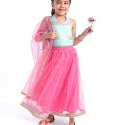 Babyhug Woven Sleeveless Glitter Printed Choli with Net Embroidered Lehenga & Dupatta Set - Pink-image-11