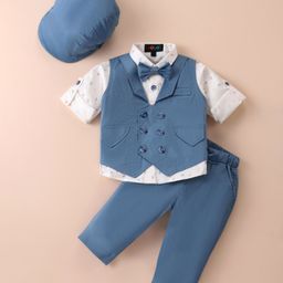 Robo Fry Cotton Knit Full Sleeves Printed 3 Piece Party Suit with Hat & Bow - Blue-image-55