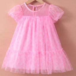 Kookie Kids Half Sleeves Party Frock with Floral Print - Pink-image-79