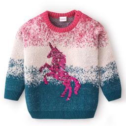 Babyhug Knitted Full Sleeves Pullover Sweater with Colour Block Design & Sequin Horse Embroidery - Pink & Blue-picture-19